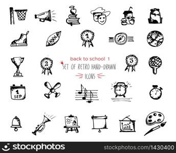 Hand-drawn sketch school tools icon set. Vector illustrations Black on white background. Hand-drawn sketch school tools icon set Black on white background