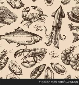 Hand drawn sketch seafood seamless pattern. Vintage style vector illustration&#x9;