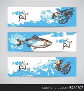 Hand drawn sketch seafood vector banners. Sea background set. Menu design