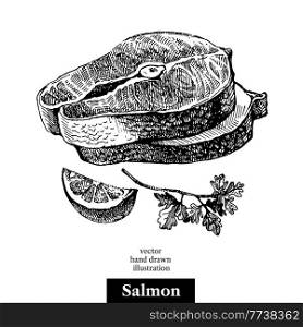 Hand drawn sketch seafood vector black and white vintage illustration of salmon fish pieces. Isolated object on white background. Menu design