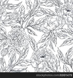Hand drawn sketch seamless pattern with peones in vintage style. Best for wallpaper,pattern fills,web page background,surface textures