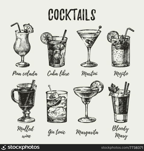 Hand drawn sketch set of alcoholic cocktails. Vintage vector illustration 