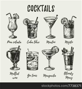 Hand drawn sketch set of alcoholic cocktails. Vintage vector illustration 