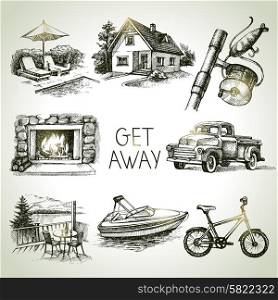 Hand drawn sketch set of family vacation. Vector illustration