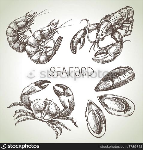 Hand drawn sketch set of seafood. Vector illustration