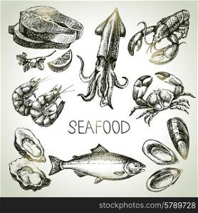 Hand drawn sketch set of seafood. Vector illustration