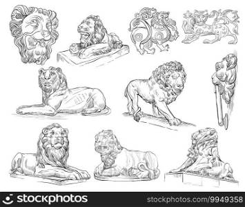 Hand drawn sketch set of urban decorative architectural elements ancient stone lions. Vector illustration for decorating, postcard, posters, design, cards, stickers or room decor, t-shirt, invitation. Vector set of decorative architectural elements stone lions