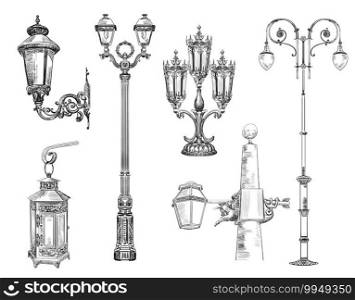 Hand drawn sketch set of urban decorative architectural elements lanterns. Vector illustration for decorating, postcard, posters, design, cards, stickers or room decor, t-shirt, invitation, book. Vector collection of decorative architectural elements lanterns