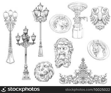 Hand drawn sketch set of urban decorative architectural elements lanterns, bas-reliefs. Vector illustration for decorating, postcard, posters, design, cards, stickers or room decor, t-shirt,invitation. Vector set of decorative architectural elements bas-relief and lanterns