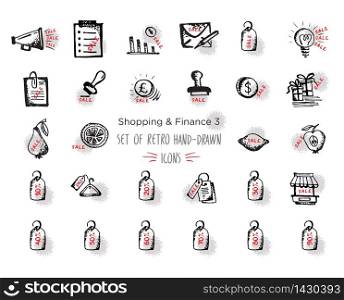 Hand-drawn sketch shopping web icon set - design includes text sale. With emphasis in round spots form. Vector illustrations. Isolated black and red on white background. Hand-drawn sketch shopping web icon set - design with text sale. With emphasis in round spots form. Isolated black and red on white background
