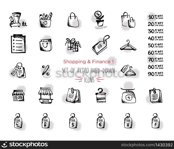 Hand-drawn sketch shopping web icon set - finance, economy, money, payments. With emphasis in round spots form. Vector illustrations. Isolated black on white background. Hand-drawn sketch shopping web icon set - finance, economy, money, payments. With emphasis in round spots form. Isolated black and red on white background