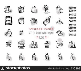 Hand-drawn sketch shopping web icon set - finance, economy, money, payments. With emphasis in round spots form. Vector illustrations. Isolated black on white background. Hand-drawn sketch shopping web icon set - finance, economy, money, payments. With emphasis in round spots form. Isolated black and red on white background