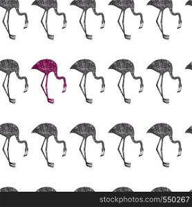 Hand drawn sketch vector flamingo grey and pink in pencil seamless pattern white background