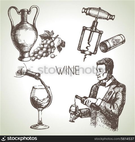Hand drawn sketch vector wine set