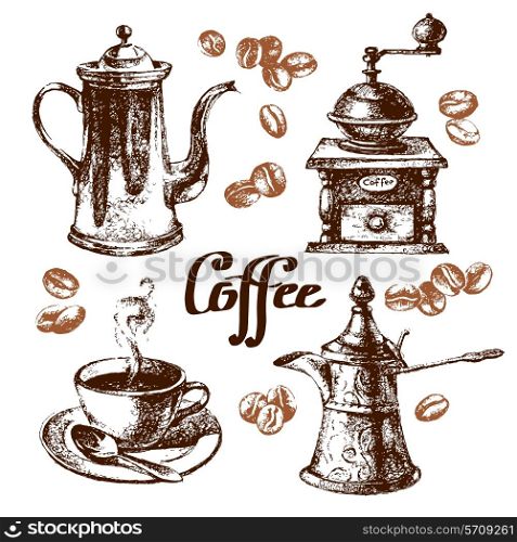 Hand drawn sketch vintage coffee set. Vector illustration. Menu design for cafe and restaurant