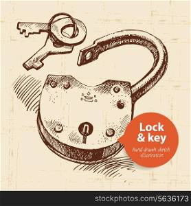 Hand drawn sketch vintage lock and key banner. Vector illustration