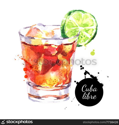 Hand drawn sketch watercolor cocktail Cuba Libre. Vector isolated food illustration