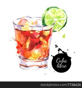 Hand drawn sketch watercolor cocktail Cuba Libre. Vector isolated food illustration