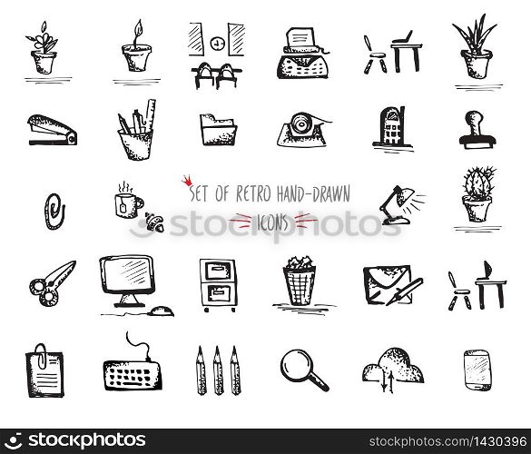 Hand-drawn sketch web icon set - economy, finance, seo, marketing. Vector illustrations Black on white background. Hand-drawn sketch web icon set - office, economy, seo, marketing