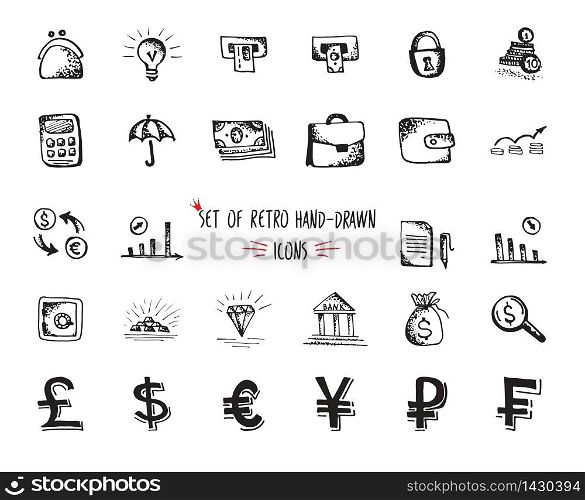 Hand-drawn sketch web icon set - economy, money, finance, payments. Vector illustrations Black on white background. Hand-drawn sketch web icon set - economy, money, finance, payments