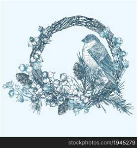 Hand-drawn sketch winter floristic wreath with bird, pine cones berries, branches, leaves in engraving style. Vintage door decor Wedding graphic Hello, fall. Thanksgiving retro vector illustration. Hand-drawn sketch winter floristic wreath with bird, pine cones berries, branches, leaves in engraving style. Vintage door decor Wedding graphic frame Hello, fall. Thanksgiving retro vector