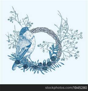Hand-drawn sketch winter floristic wreath with bird, yew tree berries, branches, leaves in engraving style. Vintage door decor Wedding graphic frame Hello, fall. Thanksgiving retro Vector illustration. Hand-drawn sketch winter floristic wreath with bird, yew tree berries, branches, leaves in engraving style. Vintage door decor Wedding graphic frame Hello, fall. Thanksgiving retro Vector