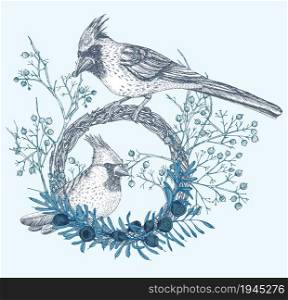 Hand-drawn sketch winter floristic wreath with birds, yew tree berries, branches, leaves in engraving style Vintage door decor Wedding graphic frame Hello, fall. Thanksgiving retro Vector illustration. Hand-drawn sketch winter floristic wreath with birds, yew tree berries, branches, leaves in engraving style. Vintage door decor Wedding graphic frame Hello, fall. Thanksgiving retro Vector