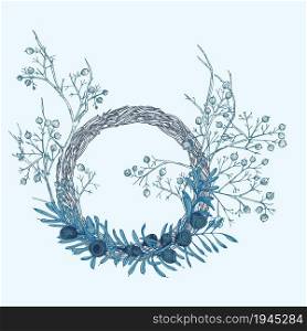 Hand-drawn sketch winter wreath with yew tree berries, branches, leaves in engraving style Vintage floristic door wreath Christmas retro decor Wedding graphic frame Hello, fall Vector illustration.. Hand-drawn sketch winter wreath with yew tree, berries, branches, leaves in engraving style. Vintage floristic door wreath. Christmas retro decor Wedding graphic frame Hello, fall. Vector.