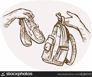 hand drawn sketched illustration of Hands Barter trading or swapping shoes and backpack or bag.. Hands Barter trading swapping shoes and bag