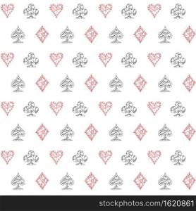 Hand drawn sketched Playing cards symbol seamless pattern, poker, blackjack background, doodle hearts diamonds spades and clubs symbols.. Hand drawn sketched Playing cards symbol seamless pattern, poker, blackjack background, doodle hearts diamonds spades and clubs symbols