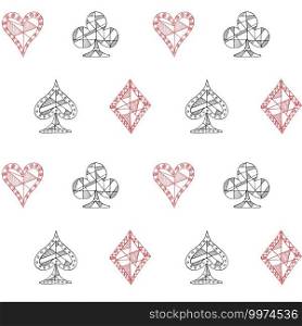 Hand drawn sketched Playing cards symbol seamless pattern, poker, blackjack background, doodle hearts diamonds spades and clubs symbols... Hand drawn sketched Playing cards symbol seamless pattern, poker, blackjack background, doodle hearts diamonds spades and clubs symbols.