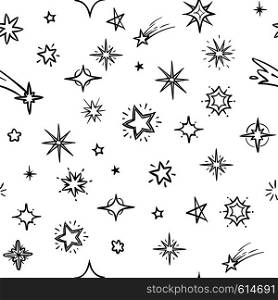 Hand drawn sky with doodle stars vector seamless background. Grunge outer space repeating pattern. Seamless sky star pattern sketch monochrome illustration. Hand drawn sky with doodle stars vector seamless background. Grunge outer space repeating pattern