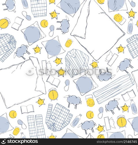 Hand drawn sleep set. Bed, pajamas, alarm clock. Vector seamless pattern.