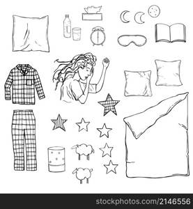 Hand drawn sleep set. Bed, sleeping girl, pajamas, alarm clock.Vector sketch illustration.. Hand drawn sleep set.