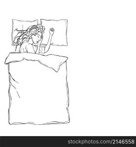 Hand drawn sleeping girl in bed. Vector sketch illustration.. Hand drawn sleeping girl in bed.