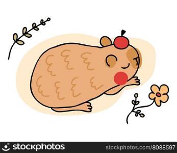 Hand drawn sleepy capybara in doodle style. Perfect for tee, stickers, poster, card. Isolated vector illustration for decor and design.