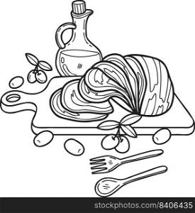 Hand Drawn sliced ham on a wooden chopping board illustration in doodle style isolated on background