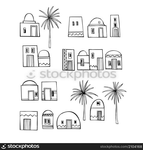 Hand drawn small houses and palm trees. Vector sketch illustration. Houses. Vector sketch illustration
