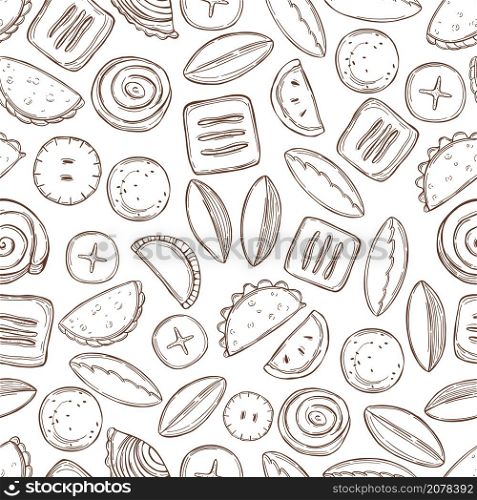 Hand drawn small pies on white background. Vector seamless pattern. . Hand drawn small pies. Vector pattern.