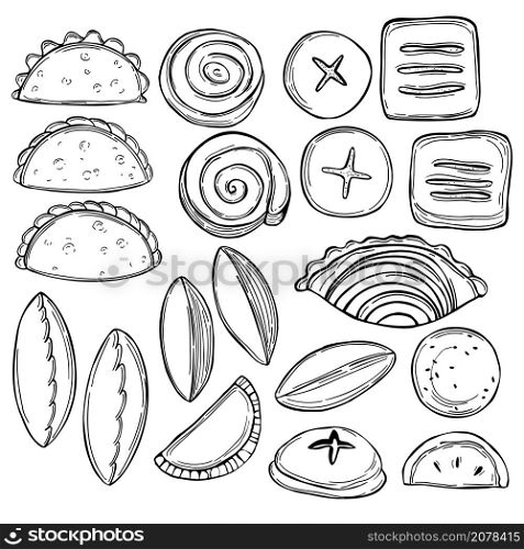 Hand drawn small pies on white background. Vector sketch illustration.. Hand drawn small pies. Vector illustration.