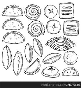 Hand drawn small pies on white background. Vector sketch illustration.. Hand drawn small pies. Vector illustration.