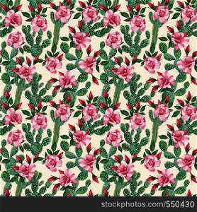 Hand drawn small pink roses and green cactus seamless pattern on the white background