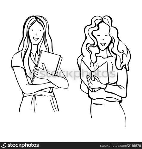 Hand drawn smiling pretty woman with a book. Vector sketch illustration.. Hand drawn smiling pretty woman with a book.