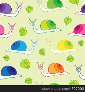 Hand drawn snail and leaves on light green background. Vector illustration. Seamless pattern.