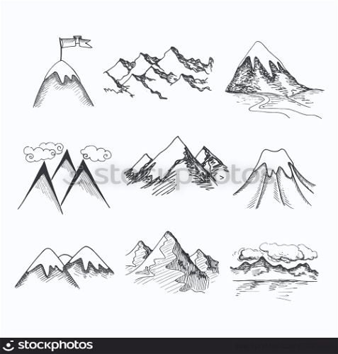 Hand drawn snow ice mountain tops decorative icons isolated vector illustration