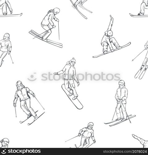 Hand drawn snowboarders and skiers. Vector seamless pattern.. Snowboarders and skiers.Vector pattern