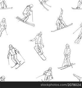 Hand drawn snowboarders and skiers. Vector seamless pattern.. Snowboarders and skiers.Vector pattern