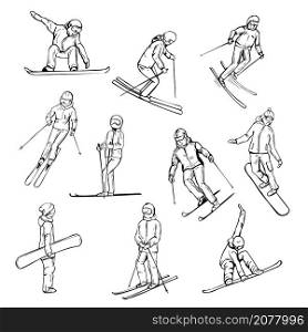 Hand drawn snowboarders and skiers. Vector sketch illustration.. Snowboarders and skiers.Vector illustration.