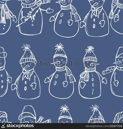 Hand drawn snowmen on dark background. Vector seamless pattern . Sketch snowmen. Vector illustration