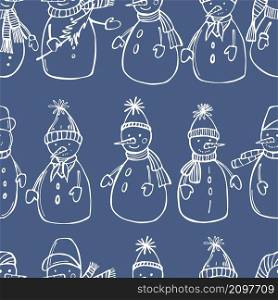 Hand drawn snowmen on dark background. Vector seamless pattern . Sketch snowmen. Vector illustration